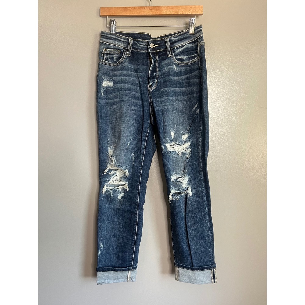 Judy Blue Distressed Boyfriend Fit Jeans Medium Wash Blue Denim 7/28